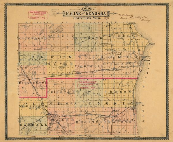 This 1896 map of Racine and Kenosha counties, Wisconsin, shows the township and range grid, towns, sections, cities, villages and post offices, roads, railroads, schools, churches, cemeteries, lighthouses, and lakes and streams.