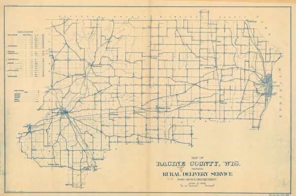 This 1911 map shows the Post Office's rural routes in Racine County, Wisconsin, and portions of eastern Walworth and northern Kenosha counties. The locations of operating and discontinued post offices, churches, schools, rural houses, roads, and railroads are shown. An index to the rural delivery routes is included. 
