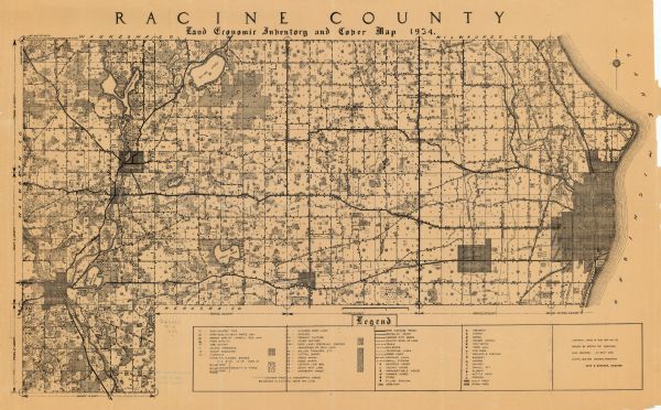 This 1934 map of Racine County, Wisconsin, shows the township and range grid, cities and villages, vegetation type, land use, roads, railroads, utilities, buildings, industries, and geology of the county.