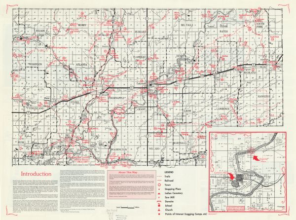 This map shows the locations of historic sites and points of interest in Rusk County, Wisconsin. A location key, descriptions of the historical importance of sites on the map, and an inset map of Ladysmith (labeled Flambeau Falls) and the surrounding area from an 1888 plat book are included.