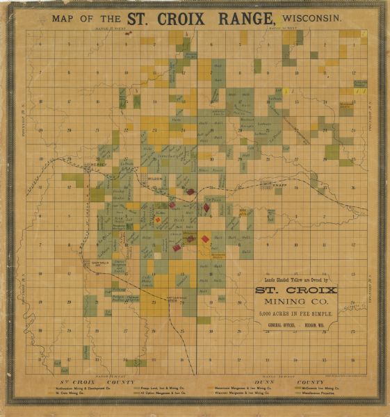 This late 19th century map shows mining companies' lands and miscellaneous properties in the towns of Cady and Springfield in southeastern Saint Croix County and the towns of Lucas and Stanton in western Dunn County, Wisconsin. The township and range grid, sections, villages, railroads, and streams in the area are also shown.