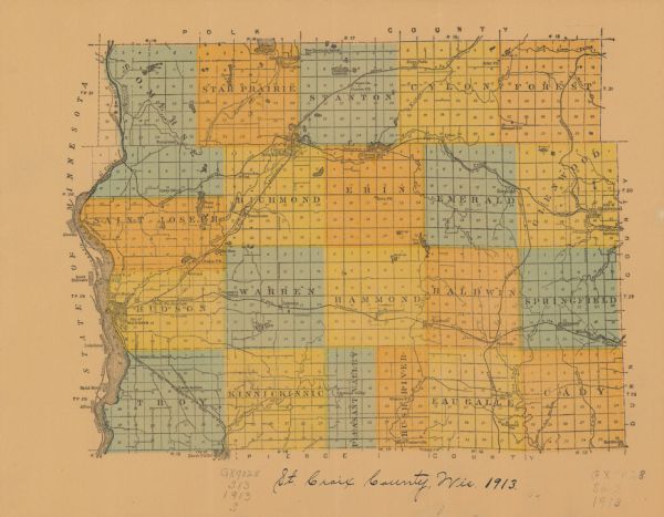 This early 20th century map of Saint Croix County, Wisconsin, shows the township and range grid, sections, towns, villages, roads, railroads, and lakes and streams in the county.