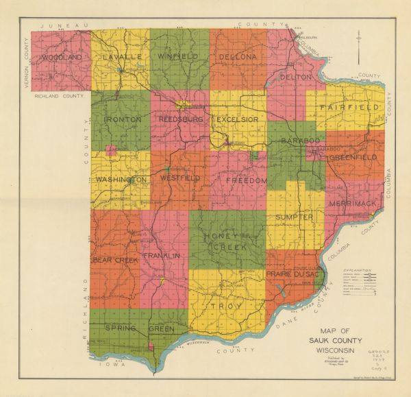 This map of Sauk County, Wisconsin, shows the township and range grid, towns, sections, cities and villages, roads, railroads, lakes and rivers, schools, and churches in the county.
