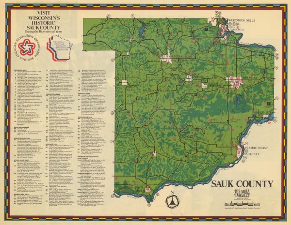 This 1975 map of Sauk County, Wisconsin, lists and locates historic sites and other points of interest in the county.


