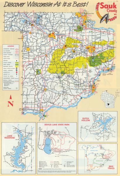 This late 20th century tourist map of Sauk County, Wisconsin, shows the highways and roads, cities and towns, parks, airports, canoe landings, hospitals, ski areas, the Baraboo Bluffs, and bicycle and snowmobile trails in the county. Ancillary maps show Lake Redstone, Devil's Lake State Park, Dutch Hollow, and bike trails. 
