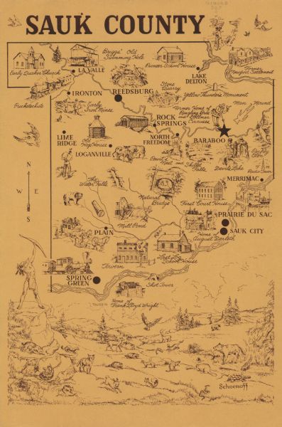 This outline map of Sauk County, Wisconsin, shows the towns, cities and villages, railroads, and streams in the county.