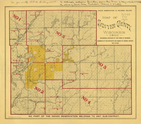 This map of Sawyer County, Wisconsin, shows the numbered "sub-school-districts of the town of Hayward" school houses, and the Indian reservation. The township and range system, sections, roads, and railroads in the county are also shown. A manuscript annotation says "to go with 188A Bills of 1905, to detach certain territory from the town of Hayward & create the towns of Sand Lake, Radisson, Reserve & Winter."