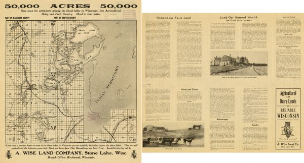 This early 20th century map shows the township and range system, sections, railroads, roads, lakes, wetlands, and streams in the western Sawyer County towns of Bass Lake, Edgewater, and Sand Lake and the eastern Washburn County towns of Bear Lake, Birchwood, and Stone Lake. Promotional information on agriculture in the area is printed on the verso.