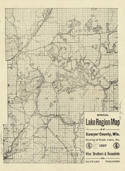 This 1927 map of Sawyer County, Wisconsin, shows the township and range system, sections, cities and villages, roads, railroads, and lakes and streams.