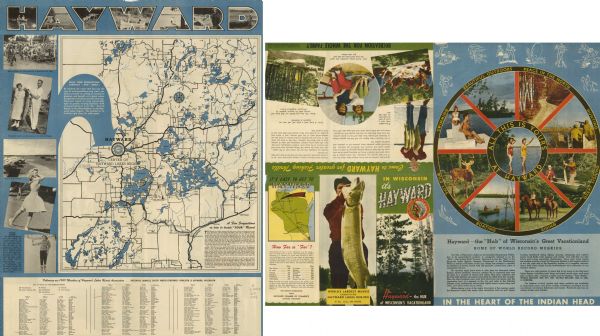 This 1949 tourism brochure for the Hayward region includes a directory of members of the Hayward Lakes Resort Association, color illustrations, descriptive text, a location map, and a road map of northern Sawyer, northeastern Washburn, and southeastern Bayfield counties.