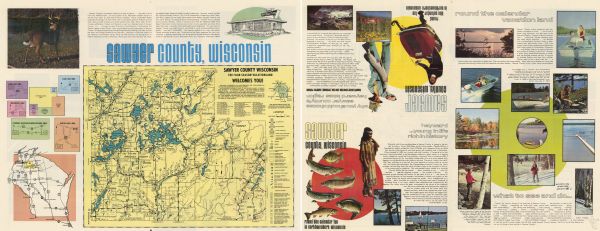 This 1960s tourism brochure for Sawyer County, Wisconsin, includes descriptive text, color illustrations, a road map, a distance map, a location map, and local route maps.