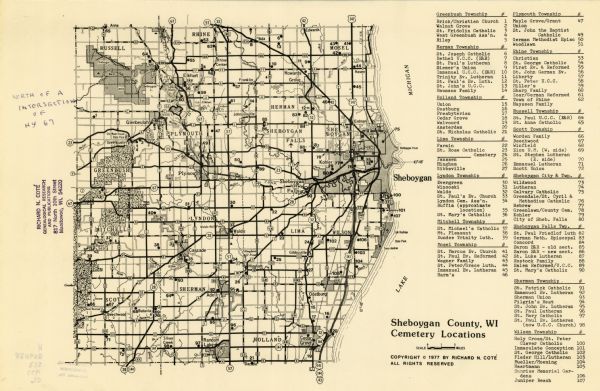 This 1977 map identifies the locations of 100 cemeteries in Sheboygan County, Wisconsin. Cemeteries are listed by town.