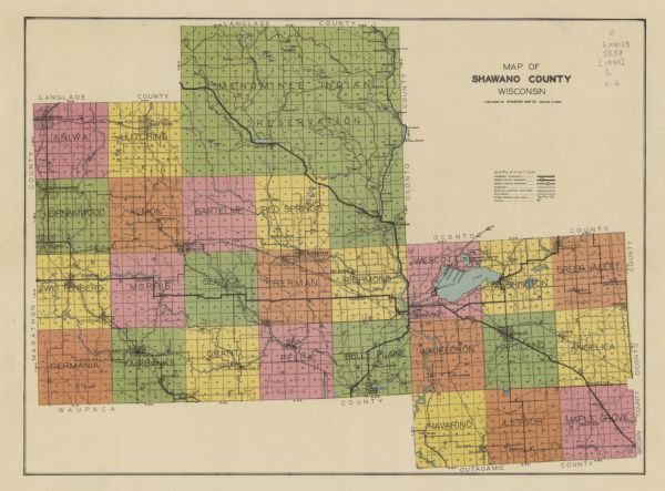 This map shows the township and range system, sections, cities and villages, schools, roads, railroads, and lakes and streams in Shawano County, which at the time included the Menominee Indian Reservation.
