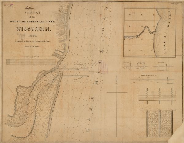 This 1836 map consists chiefly of a detailed map of the the mouth of the Sheboygan River. An inset map of the region and cross section diagrams of the piers at the mouth of the river are included and depth contours are shown for both the river and lake.