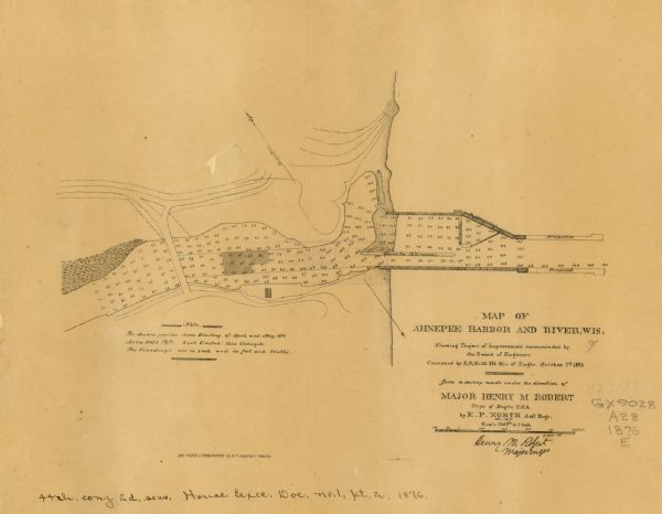 This 1876 map shows the mouth of the Ahnapee River at Algoma, Kewaunee County, Wisconsin, with soundings given in tenths of a foot. Proposed improvements and an area to be blasted in 1876 are depicted.
