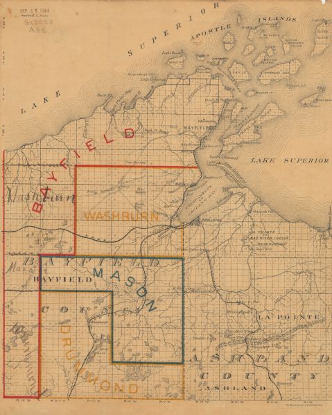 This copy of an 1834 map in the American Fur Company's papers held by the New-York Historical Society shows an outline of Chequamegon Bay and Madeline Island and other islands in the Apostle Islands group.
