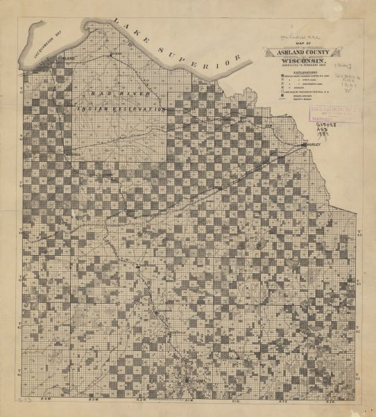 This 1887 map of Ashland County, Wisconsin, shows the township and range system, sections, railroads, vacant Wisconsin Central Railroad land, state and "government" land, the Bad River Indian Reservation, houses, schools, roads, and lakes and streams. 
