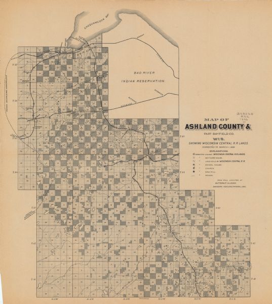 This 1896 map shows the township and range system, sections, cities and villages, railroads, roads, vacant land and land sold by the Wisconsin Central Railroad, schools, churches, saw mills, and lakes and streams in Ashland County, Wisconsin, and portions of Bayfield and Sawyer counties. 
