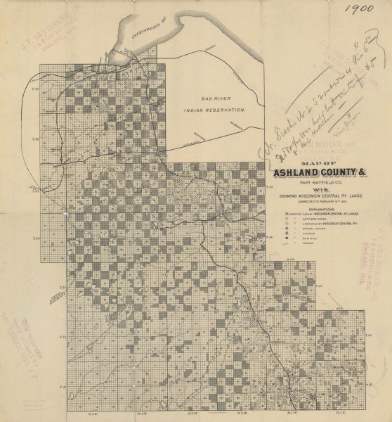 This 1900 map shows the township and range system, sections, cities and villages, railroads, roads, vacant land and land sold by the Wisconsin Central Railroad, settlers houses, schools, churches, saw mills, and lakes and streams in Ashland County, Wisconsin, and portions of Bayfield and Sawyer counties. Also shown are the proposed Ashland, St. Paul, Minneapolis Railroad and Bad River Indian Reservation. Shows vacant Wisconsin Central R.R. Lands, settlers houses, lands sold by Wisconsin Central R.R., school houses, churches, saw mills, and roads; also shows proposed Ashland, St. Paul, Minneapolis R.R. and Bad River Indian Reservation. Includes manuscript annotations 
