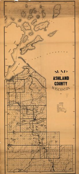 This 1925 map of Ashland County, Wisconsin, shows the township and range system, towns, sections, cities and villages, the Bad River Indian Reservation, railroads, roads, trails, schools, and lakes and streams.