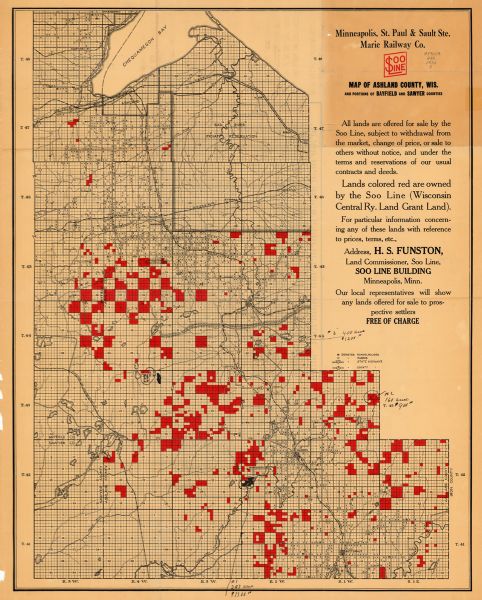 This map shows the Wisconsin Central Railroad land grant lands owned and for sale by the Soo Line in Ashland County, Wisconsin, as well as in portions of Bayfield and Sawyer counties. Also shown are the township and range grid, sections, the Bad River Indian Reservation, cities and villages, roads, railroads, schools, farms, and lakes and streams. 