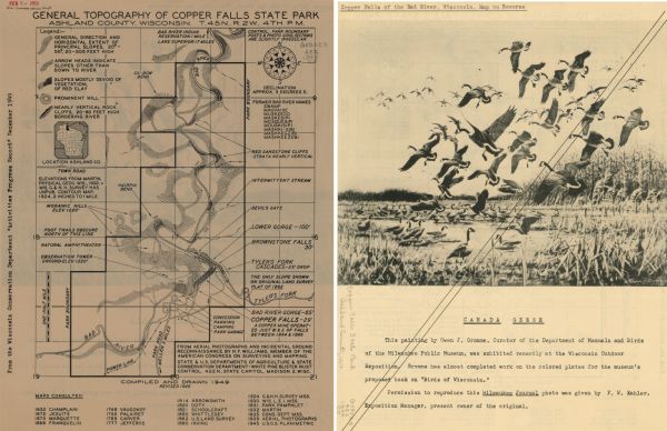 This 1949 map shows the topography and significant landmarks in Copper Falls State Park, Ashland County, Wisconsin. On the verso is a black-and-white image of an Owen J. Gromme painting, Canada Geese.