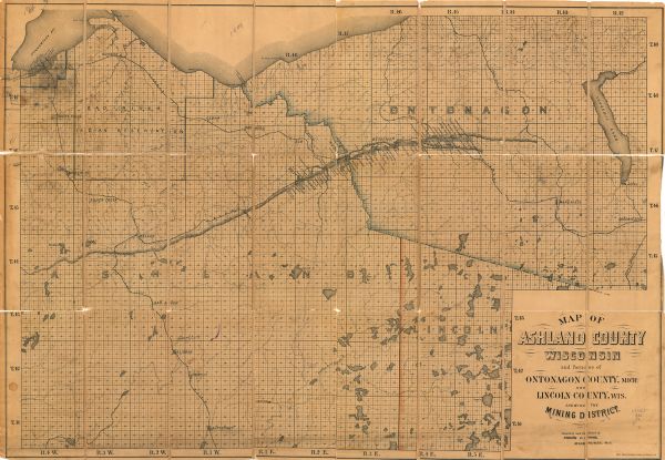 This map of Ashland County, Wisconsin, which at the time included part of present-day Iron County, also covers portions of Vilas County, Wisconsin, then part of Lincoln County, and Gogebic County, Michigan. It shows mine locations in the Gogebic Range, ore docks in Ashland, the Bad River Indian Reservation, the township and range grid, cities and villages, railroads, and lakes and streams.