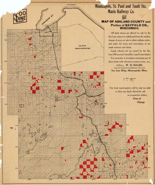 This 1890s map shows the Wisconsin Central Railroad land grant lands owned and for sale by the Soo Line in Ashland County, Wisconsin, as well as in the eastern portions of Bayfield and Sawyer counties. Also shown are the township and range grid, sections, cities and villages, the Bad River Indian Reservation, roads, railroads, schools, churches, farms, and lakes and streams.