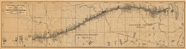 This map shows mining properties in the Gogebic Range between Atkins Lake, in Sawyer County, Wisconsin, on the west and Lake Gogebic, Michigan, on the east in the late 1880s. Also shown are cities and villages, the township and range grid, sections, railroads, and lakes and streams.
