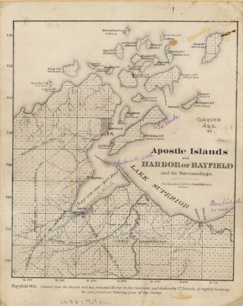 Asaph Whittlesey arrived in Ashland in 1854, one of the earliest of the settlers who hoped the area would grow and make their fortunes. He drew this map of the Apostle Islands in 1871, extolling Bayfield's fine harbor and its attractions as a summer travel destination.  