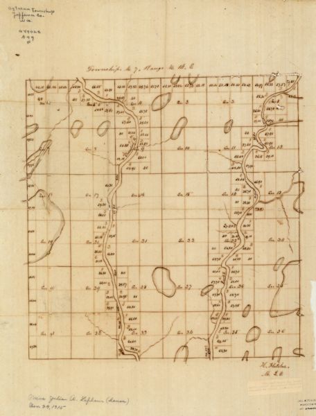 This manuscript map shows the surveyed areas of the Town of Aztalan, Jefferson County, Wisconsin. Acreage of the surveyed parcels is given and lakes and streams are shown.
