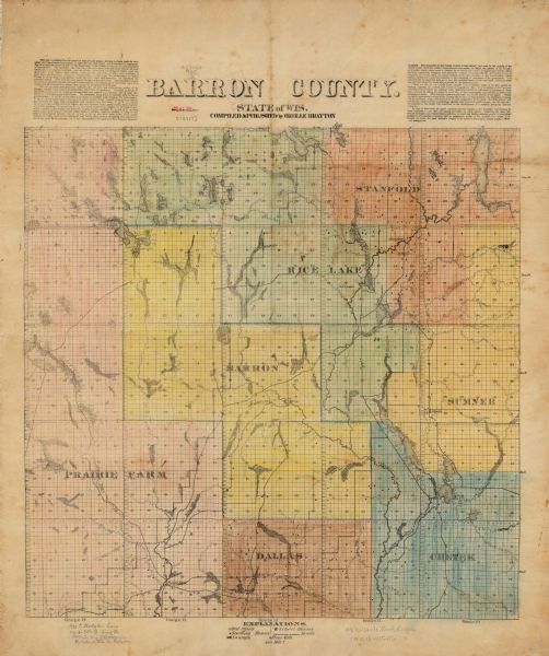 This map of Barron County, Wisconsin, shows the township and range grid, towns, sections, cities and villages, post offices, dwellings, schools, roads, swamps, flour mills, and saw mills in the county. Text in the upper left and right margins provides information on immigration, settlement, and land use. A black-and-white version of this map appeared in Facts for the immigrant concerning Barron County, Wisconsin, by Orville Brayton, published in Menomonie by Flint & Weber, 1871.