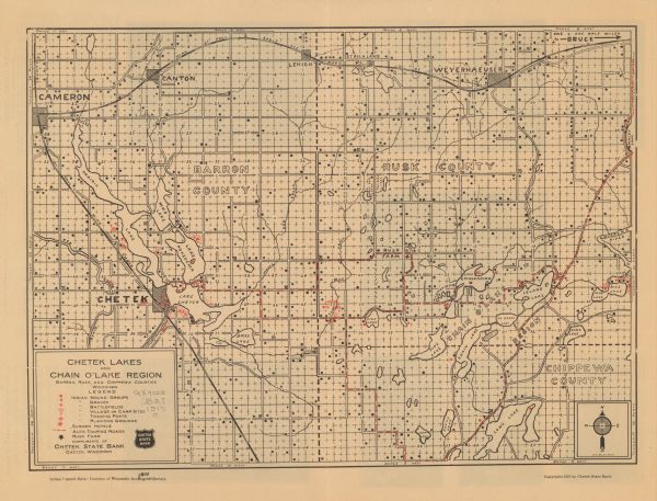 This 1915 map covers portions of Barron, Chippewa, and Rusk counties in Wisconsin. Shown are the township and range grid, sections, cities and villages, railroads, roads, summer hotels, streams and lakes, and Indian sites including mounds, graves, battlefields, villages, trading posts, and planting grounds. "Auto touring roads" are marked in red.