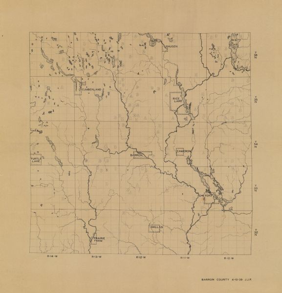 This 1939 map of Barron County, Wisconsin, shows the township and range grid, sections, cities and villages, and lakes and streams in the county. It lacks a key to the manuscript annotations.