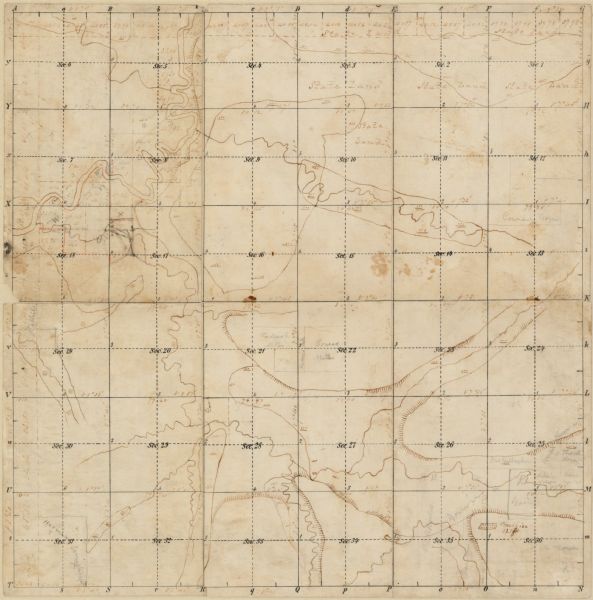 This manuscript map of Township 16 North, Range 6 West, 4th Principal Meridian, encompasses the Town of Barre and the southern portion of the Town of Hamilton in La Crosse County, Wisconsin. State lands, rivers, and wetlands are shown in pen and ink on a printed grid of township sections and a few property owners are indicated by penciled annotations.
