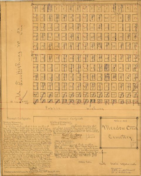 This 1929 survey of Meadow Creek Cemetery in the Town of Stanley, Barron County, Wisconsin, shows cemetery plots bordered by U.S. Route 53 (now County SS) on the left. Many plot owners are identified by name and text of surveyor's and owners' certificates is given in the lower margin.