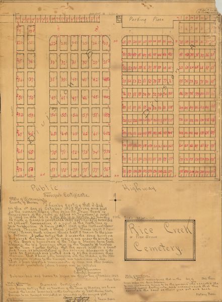 This 1929 survey of Rice Creek Cemetery in the Town of Stanley, Barron County, Wisconsin, shows cemetery plots without owners' names. Text of surveyor's and owners' certificates is given in the lower margin.