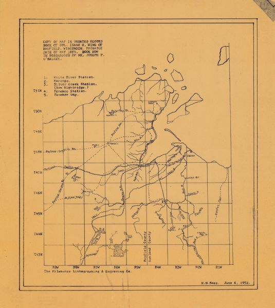 This map of the northern parts of the Chequamegon Bay area in Bayfield and Ashland counties, Wisconsin, shows trails, roads, railroads, stations, the township and range grid, and lakes and rivers in the area.