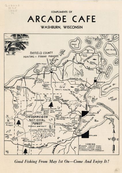 This pictorial map of northern Bayfield County, Wisconsin, shows the Chequamegon National Forest, the Red Cliff Indian Reservation, highways and roads, and lakes and streams in the region. Fishing and hunting locations and the types of fish and game available are noted.