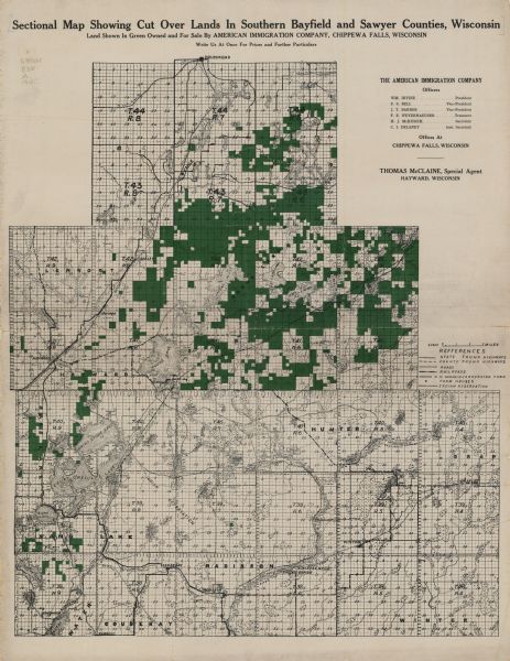 This early 20th century map highlights the land for sale by the American Immigration Company, Chippewa Falls, Wisconsin, in the towns of Cable, Drummond, Grandview, and Namekagon in Bayfield County, and the towns of Bass Lake, Hayward, Lenroot, Round Lake, Sand Lake, and Spider Lake in Sawyer County. The township and range grid, towns, sections, highways and roads, railroads and proposed extensions of railroads, Indian reservations, and lakes, streams and wetlands in the region are shown.