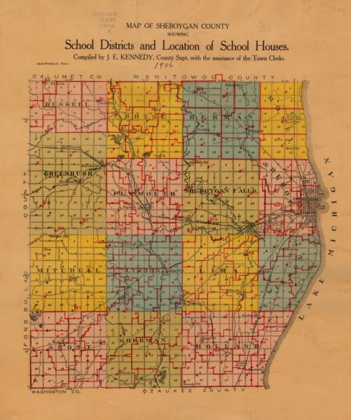 This map of Sheboygan County, Wisconsin, from the early 20th century shows school districts and school locations in the county. Also shown are the township and range grid, towns, sections, cities, villages and post offices, roads, railroads, and lakes and streams.