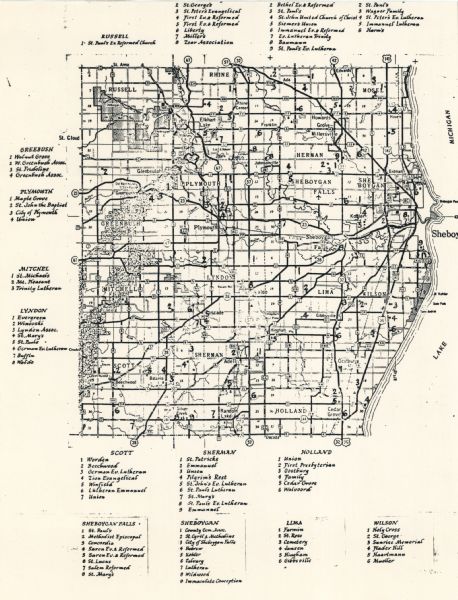 This map of Sheboygan County, Wisconsin, shows the location of churches in the county. Churches are indexed for each town. Also shown are sections, cities and villages, roads, railroads, lakes and streams, and the Kettle Moraine.