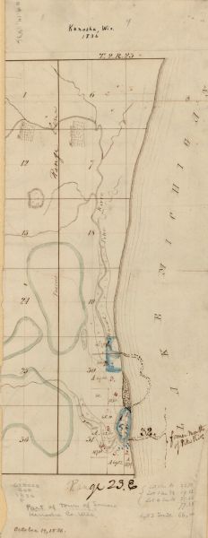 This 1836 manuscript map shows the sections, windfalls, marshes, streams, prairies, acreages, and former mouth of the Pike River in what is now the eastern portion of the Town of Somers and the northern part of the city of Kenosha in Kenosha County, Wisconsin.  