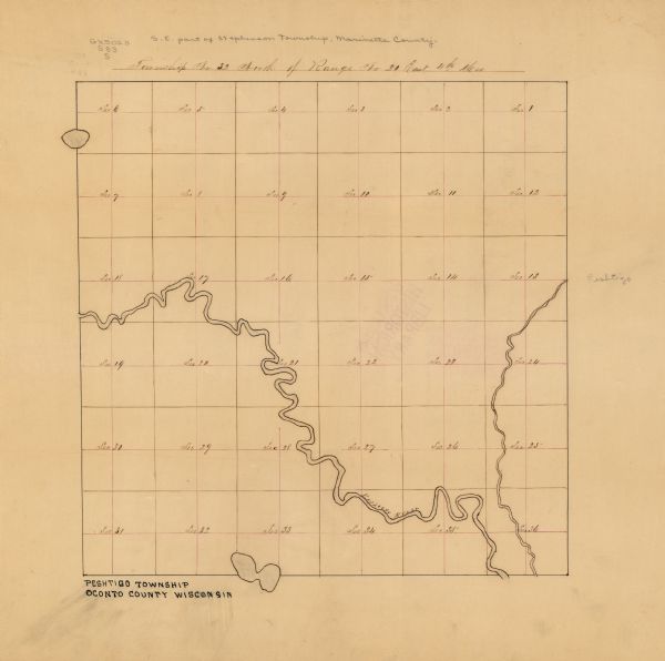 This 19th century manuscript map shows the southeastern portion of the Town of Stephenson in Marinette County, Wisconsin. Sections, lakes, and streams are depicted The map is labeled ""Peshtigo Township, Oconto County, Wisconsin"" in the lower left margin.