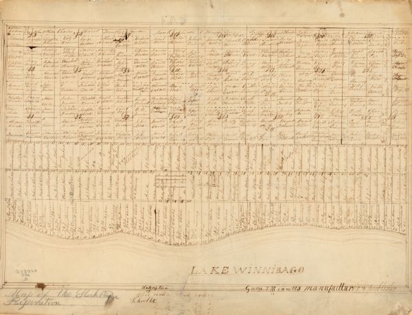 This map, which was likely drawn in the mid-19th century, shows land ownership on the Stockbridge Reservation on the shore of Lake Winnebago in what is now the Town of Stockbridge, Calumet County, Wisconsin.