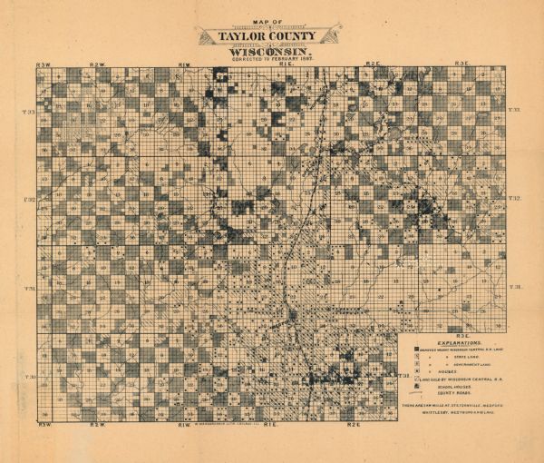 This 1887 map of Taylor County, Wisconsin, shows the township and range system, sections, railroads, vacant Wisconsin Central Railroad land, land sold by the railroad, state and government land, houses, schools, roads, and lakes and streams. Shows vacant and sold Wis. Central R.R. land, state and govt. land, houses, schools, and county roads. 'Corrected to February 1887.'