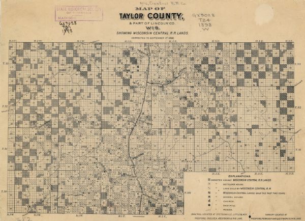 This 1898 map shows the township and range system, sections, cities and villages, railroads, roads, vacant land and land sold by the Wisconsin Central Railroad, including land sold in the previous two years, schools, churches, saw mills, and lakes and streams in Taylor County and the southwestern portion of Lincoln County, Wisconsin. Shows vacant and sold Wis. Central R.R. land, Wis. Central lands sold the past two years, settlers houses, schools, churches, saw mills, and roads. 'Corrected to September 1, 1898.'