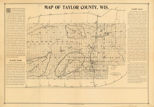 This map of Taylor County, Wisconsin, shows soil types, the township and range grid, sections, settlers houses, schools, churches, saw mills, tanneries, roads, rail lines through and near the county, town halls, lakes and streams, and dams. Text in the margins promotes agricultural opportunities in the county.