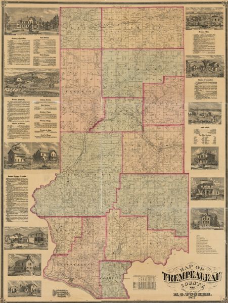 This 1877 map of Trempealeau County, Wisconsin, shows the township and range grid, sections, towns, cities and villages, land ownership and acreages, roads, railroads, schools, churches, residences, and lakes and streams. Also included are business directories, illustrations of buildings, lists of post offices and county officers, and tables of distances and statistics.