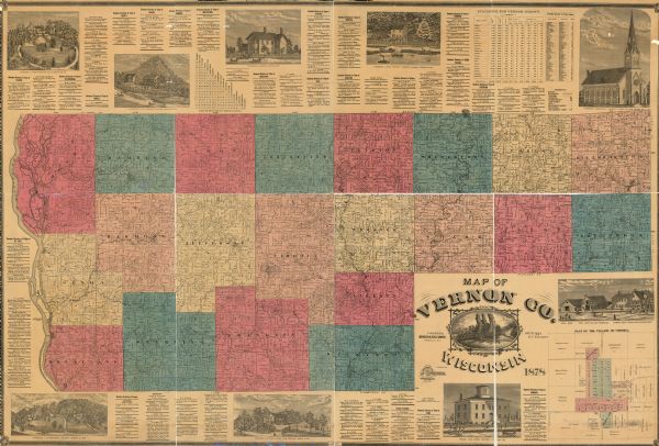 This 1878 map of Vernon County, Wisconsin, shows the township and range grid, sections, towns, cities and villages, land ownership and acreages, roads, railroads, schools, churches, cemeteries, mills, blacksmith shops, residences, government land, and lakes and streams. Also included are business directories, illustrations of buildings, lists of post offices and county officers, and tables of distances and statistics. An inset map shows the plat of the village of Viroqua.